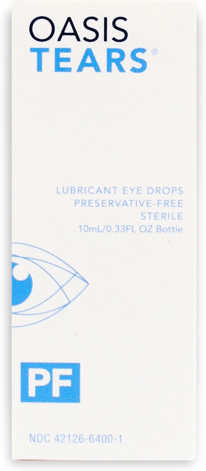 Oasis Tears Preservative-Free Lubricant Eye Drops 10 mL sterile bottle with eye graphic and PF label.