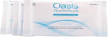 Oasis TEARS PLUS Preservative-Free Lubricant Eye Drops packaging, includes 10 single-use containers.