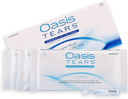 Oasis TEARS preservative free lubricant eye drops packaging with vials for dry eye relief