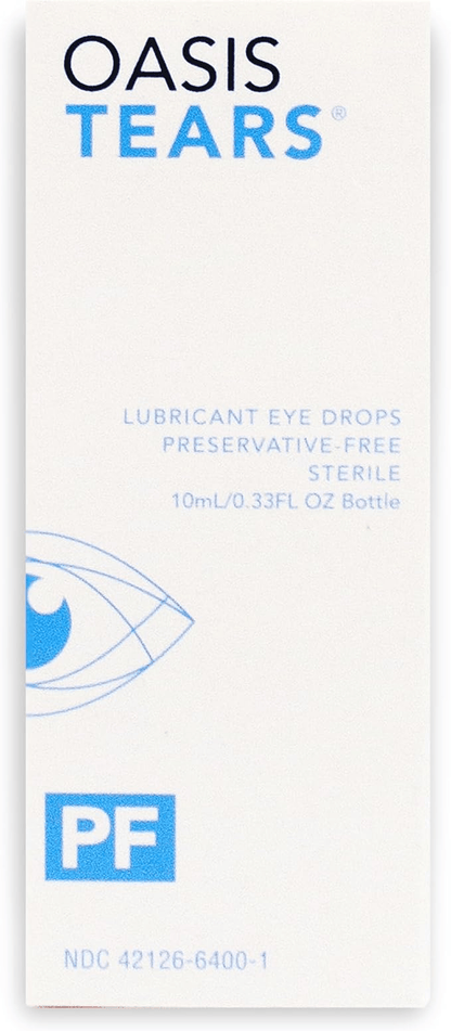 Oasis Tears Preservative-Free Lubricant Eye Drops 10 mL sterile bottle with eye graphic and PF label.