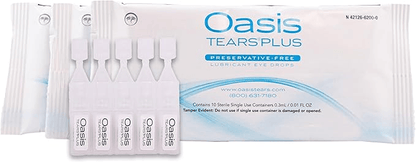 Oasis TEARS PLUS Preservative-Free Lubricant Eye Drops in single-use vials for dry eye relief.