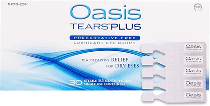 Oasis TEARS PLUS Preservative-Free Lubricant Eye Drops packaging with single use containers for dry eyes relief.