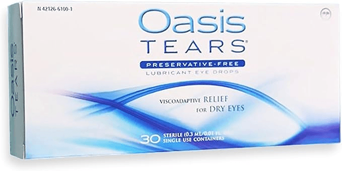 Oasis TEARS preservative free lubricant eye drops packaging with 30 single use containers for dry eyes relief.
