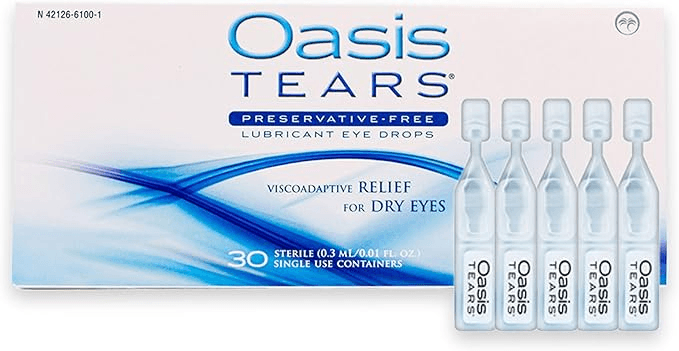Oasis TEARS preservative free lubricant eye drops packaging with vials for dry eye relief