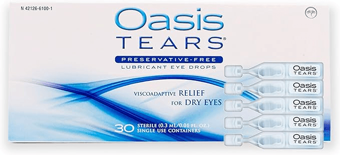 Oasis TEARS preservative free lubricant eye drops packaging with 30 vials for dry eye relief.
