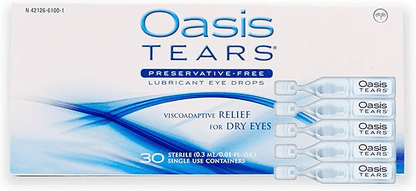 Oasis TEARS preservative free lubricant eye drops packaging with 30 vials for dry eye relief.