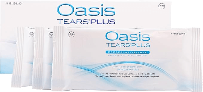 Oasis TEARS PLUS Preservative-Free Lubricant Eye Drops packaging with individual vials.