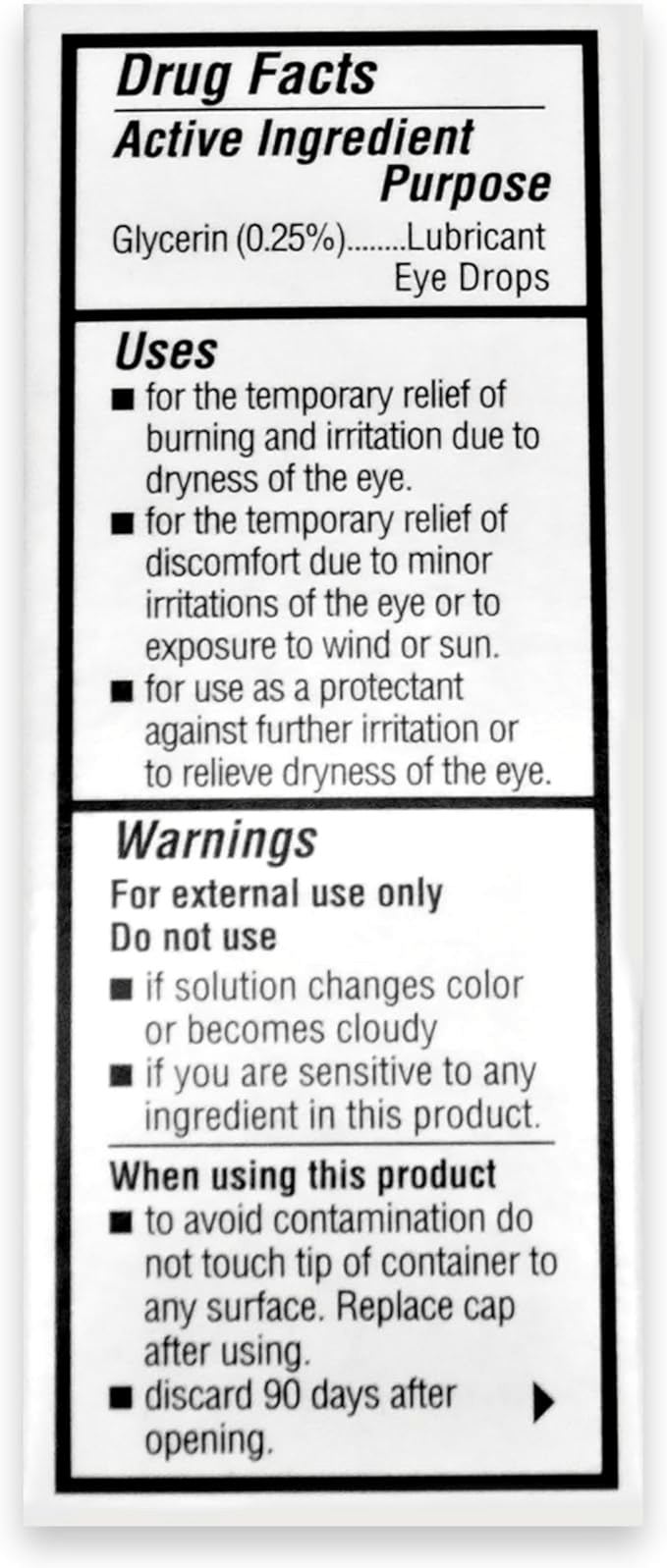 Drug facts label for Oasis Tears Preservative-Free Lubricant Eye Drops detailing uses and warnings.