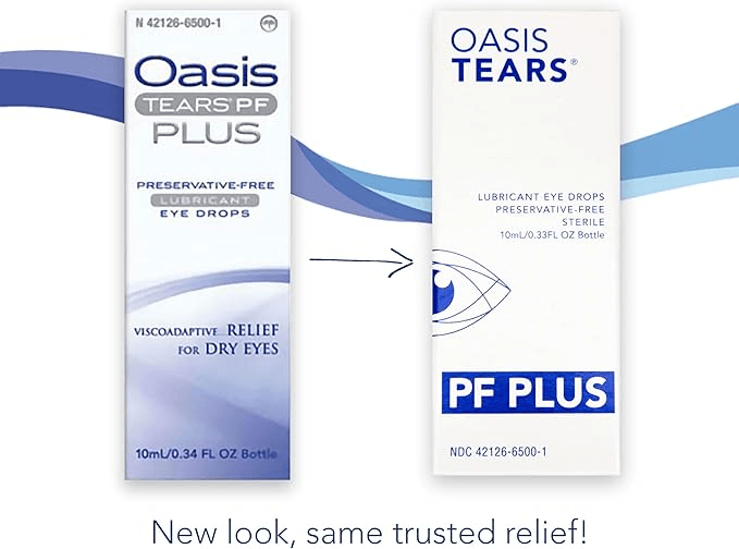 Oasis Tears PF Plus preservative-free lubricant eye drops packaging for dry eye relief, 10mL bottle.