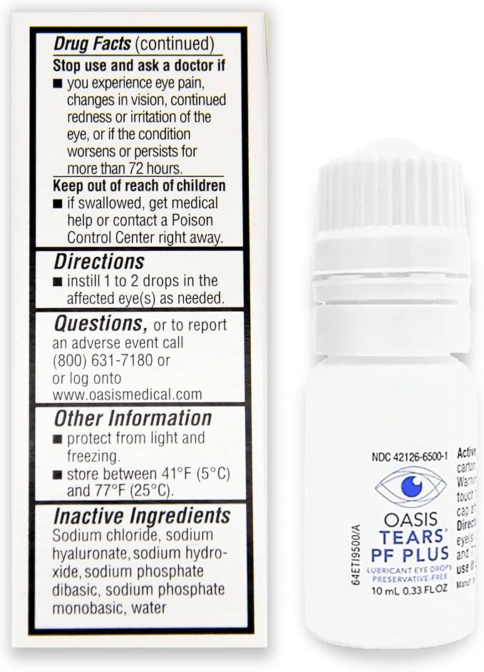 Preservative-free lubricant eye drops in a 10mL bottle for dry eye relief with clear usage instructions and ingredients list.