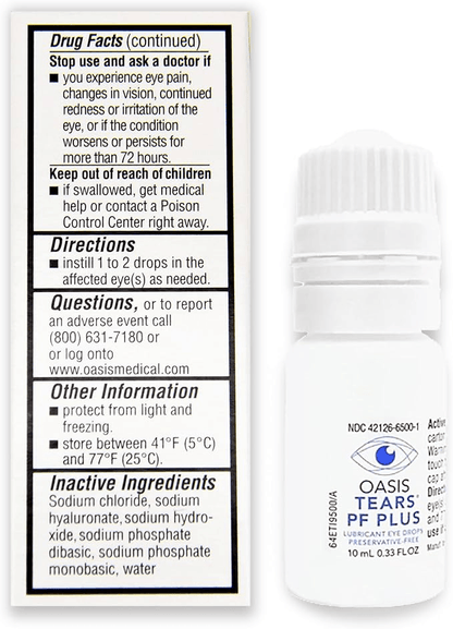 Preservative-free lubricant eye drops in a 10mL bottle for dry eye relief with clear usage instructions and ingredients list.