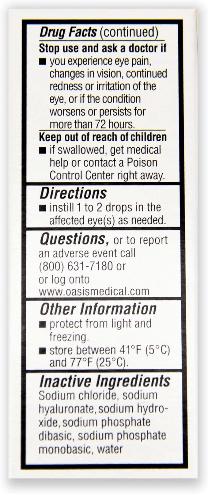 Drug facts and directions for preservative-free lubricant eye drops for dry eye relief.