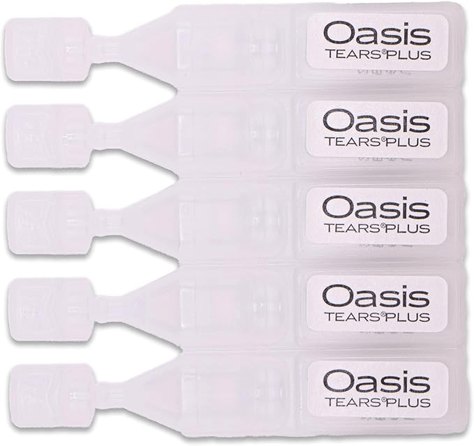 Oasis TEARS PLUS Preservative-Free Lubricant Eye Drops packaging with single use containers for dry eyes relief.