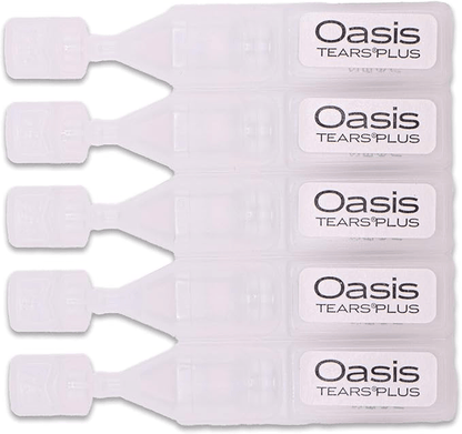 Oasis TEARS PLUS Preservative-Free Lubricant Eye Drops packaging with single use containers for dry eyes relief.
