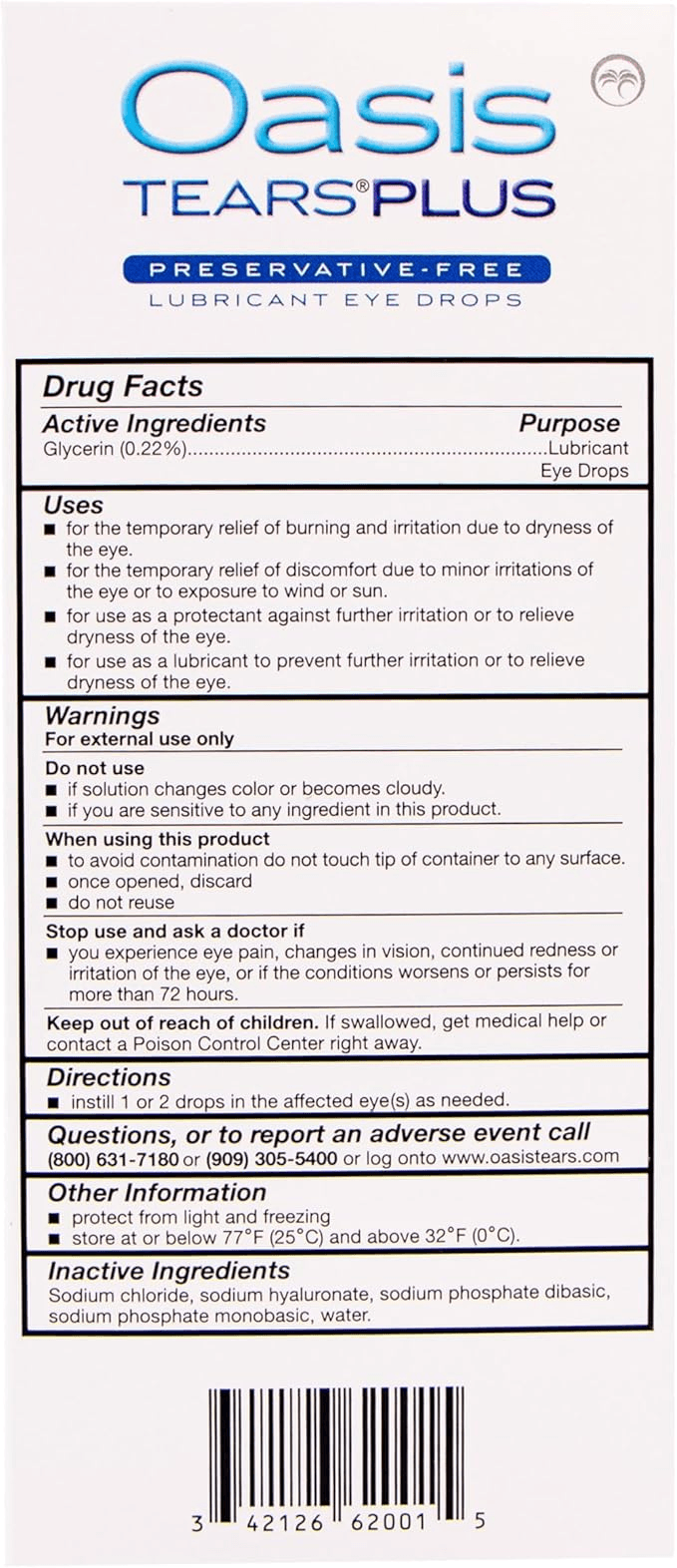 Label of Oasis TEARS PLUS Preservative-Free Lubricant Eye Drops showing drug facts and usage instructions.
