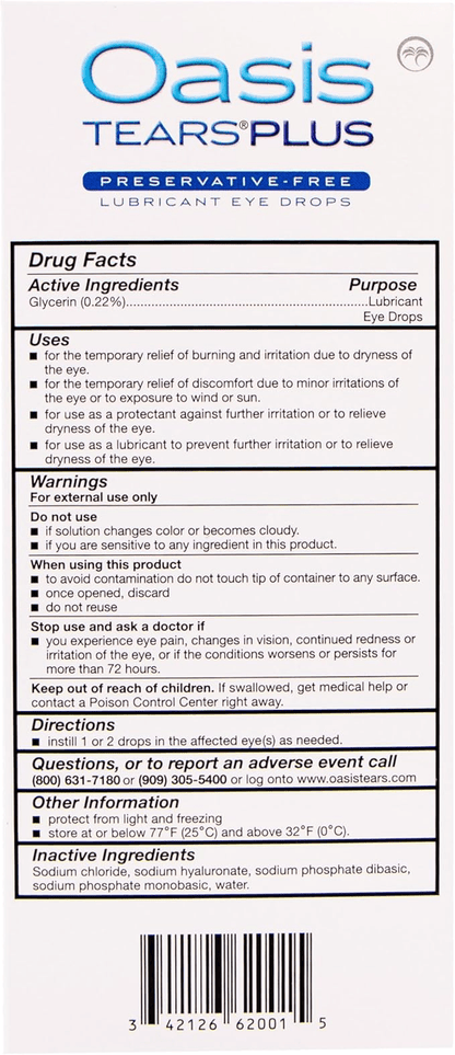 Label of Oasis TEARS PLUS Preservative-Free Lubricant Eye Drops showing drug facts and usage instructions.