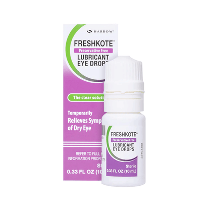 Preservative free eye drops Freshkote 10mL bottle and packaging for dry eye relief.