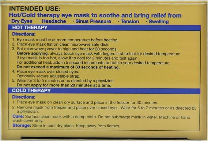 Instructions for hot and cold therapy eye mask for dry eyes relief and comfort.